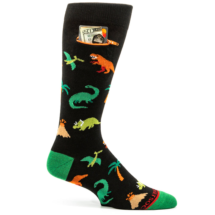 Dinosaurs + Volcanos on Black, Mens Pocket Socks®