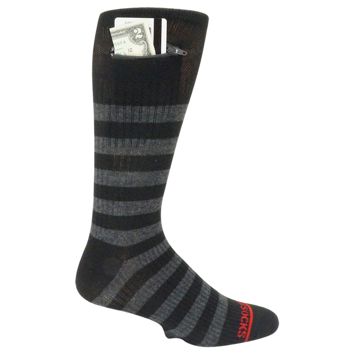 Light Compression Pocket Socks®, Crew, Black Grey Stripe, Large