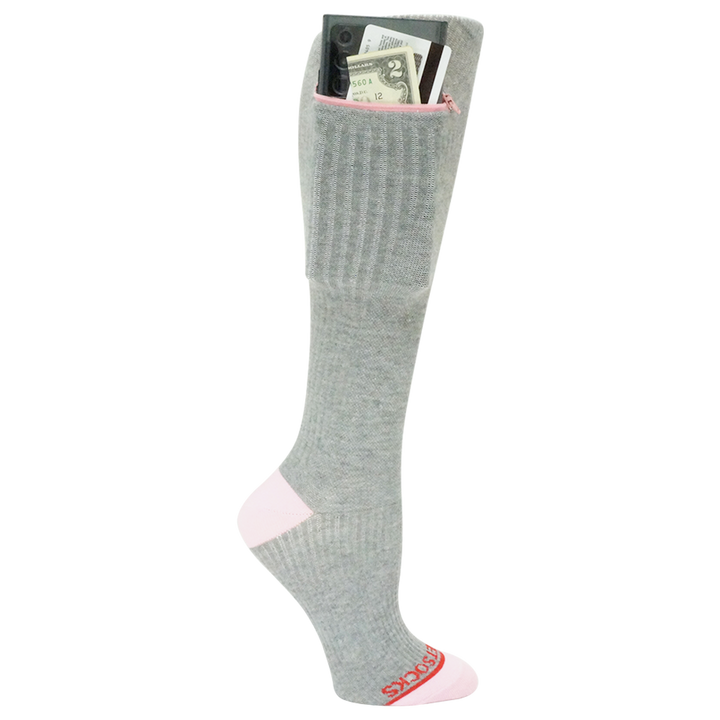 Light Compression Pocket Socks®, Over the Calf - Grey/Pink, Small/Medium