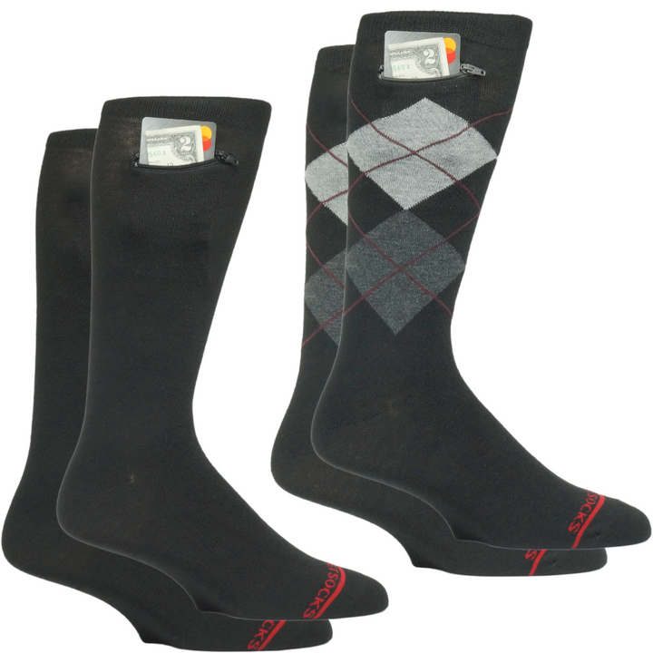 Pocket Socks® 2-Pack, Black Argyle + Black, Large