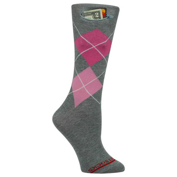 Grey + Pink Argyle, Womens Pocket Socks®