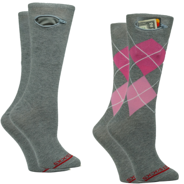 Pocket Socks® 2-Pack Grey Pink Argyle + Grey, Medium