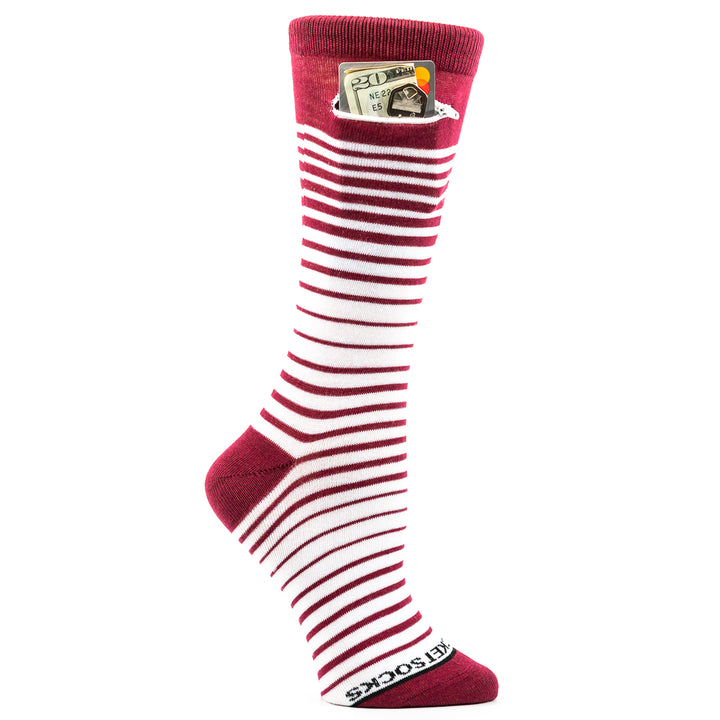 Ombre Stripes Womens Fashion Crew Pocket Socks® - Crimson/Cardinal + White