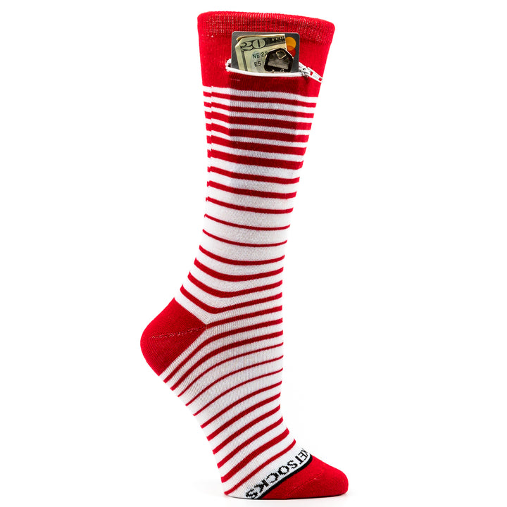 Ombre Stripes Womens Fashion Crew Pocket Socks® - Red + White