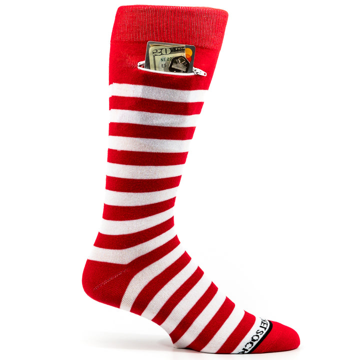 Rugby Stripes Mens Fashion Crew Pocket Socks® - Red + White