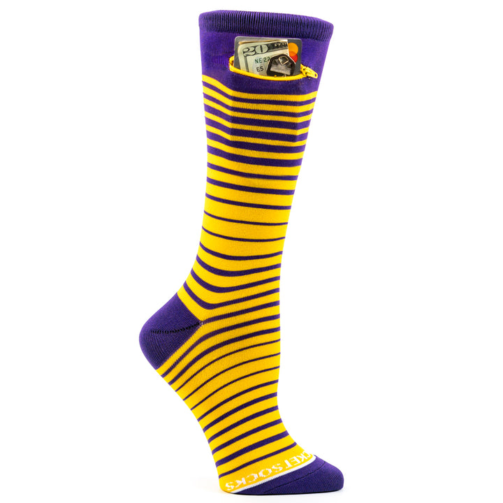 Ombre Stripes Womens Fashion Crew Pocket Socks® - Purple + Yellow