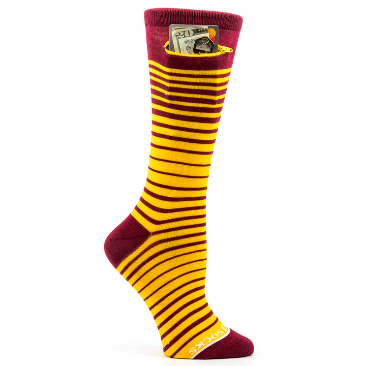 Ombre Stripes Womens Fashion Crew Pocket Socks® - Cardinal + Yellow/Gold