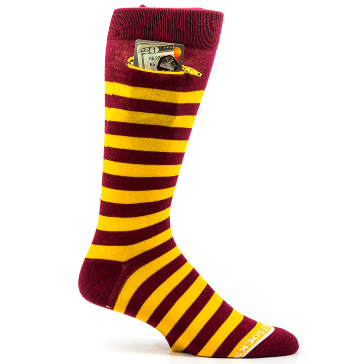 Rugby Stripes Mens Fashion Crew Pocket Socks® - Cardinal + Yellow/Gold