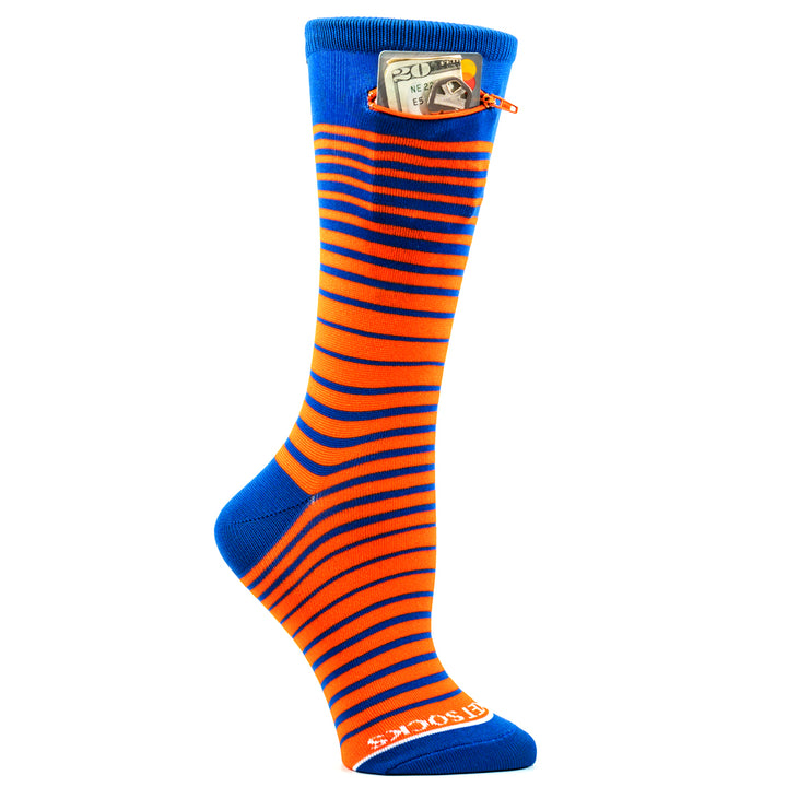 Ombre Stripes Womens Fashion Crew Pocket Socks® - Orange + Royal Blue