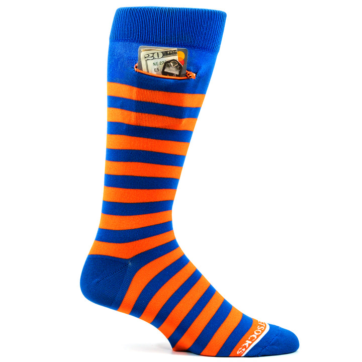 Rugby Stripes Mens Fashion Crew Pocket Socks® - Orange + Royal Blue