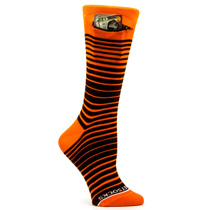 Ombre Stripes Womens Fashion Crew Pocket Socks® - Orange + Black