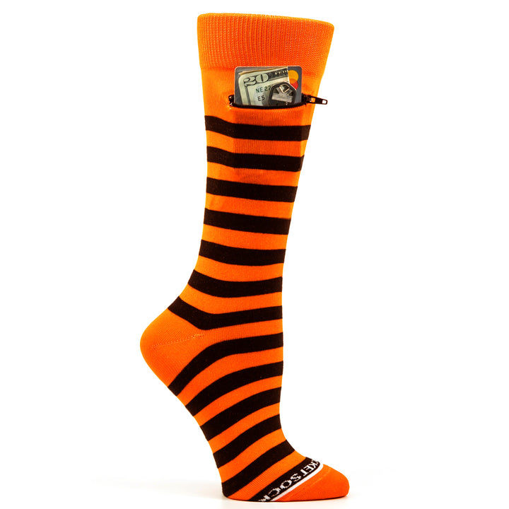 Rugby Stripes Mens Fashion Crew Pocket Socks® - Orange + Black