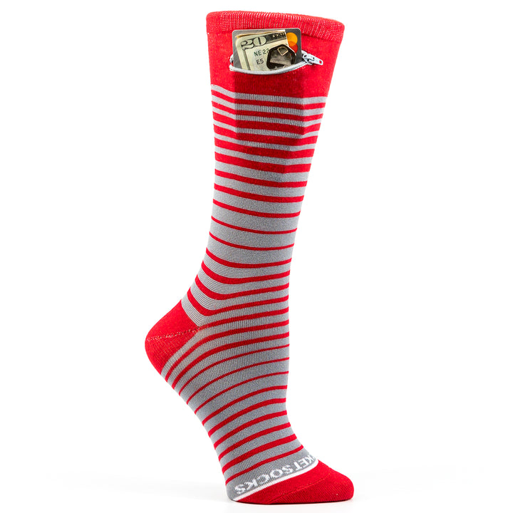 Ombre Stripes Womens Fashion Crew Pocket Socks® - Red + Grey