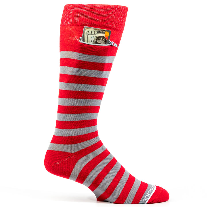 Rugby Stripes Mens Fashion Crew Pocket Socks® - Red + Grey