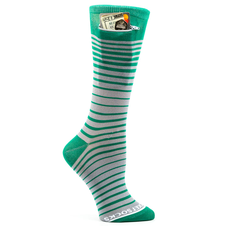 Ombre Stripes Womens Fashion Crew Pocket Socks® - Green + Grey