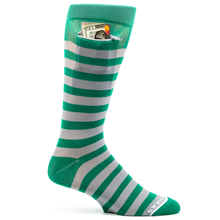 Rugby Stripes Mens Fashion Crew Pocket Socks® - Green + Grey