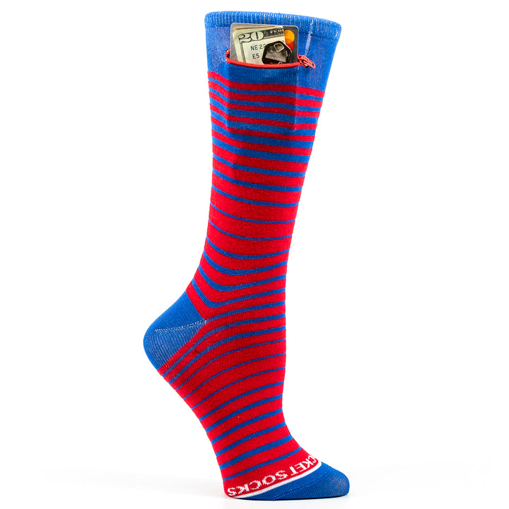 Ombre Stripes Womens Fashion Crew Pocket Socks® - Red + Blue