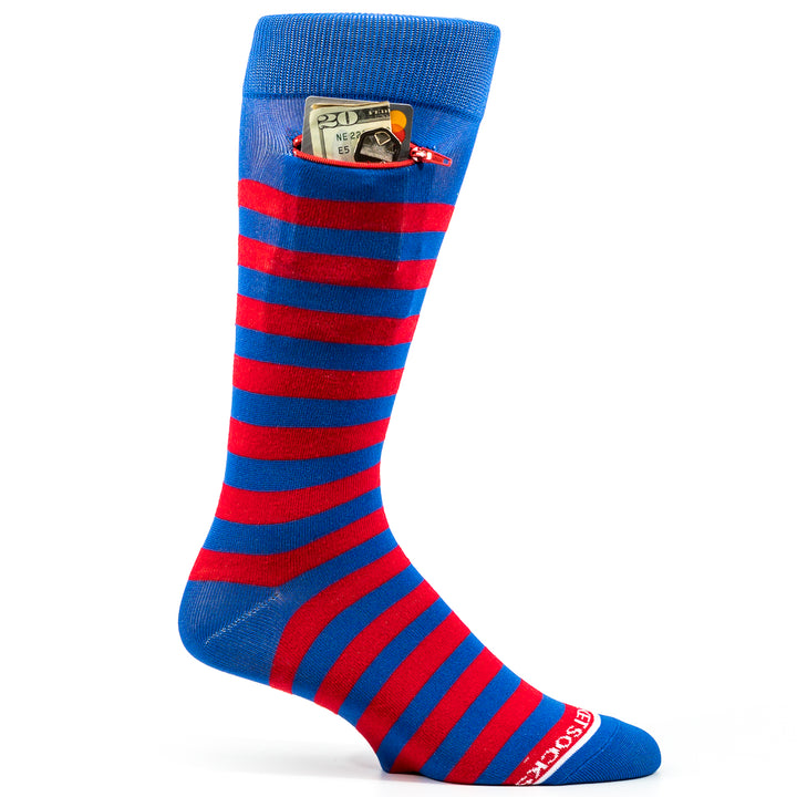 Rugby Stripes Mens Fashion Crew Pocket Socks® - Red + Blue